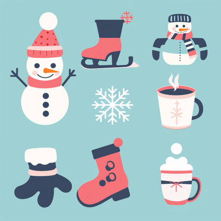 Cute snowman, christmas icons set. Vector illustration.のイラスト素材