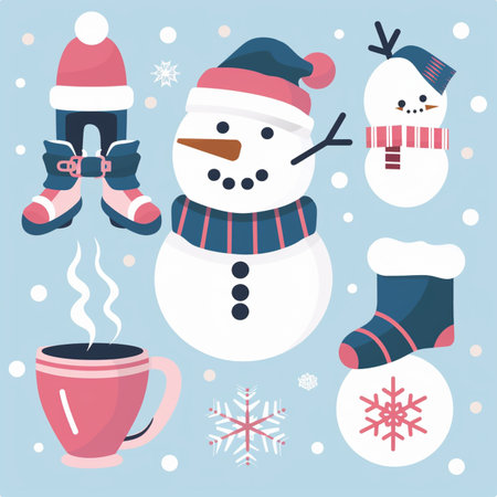 Cute Christmas set with snowman, cup of hot drink and scarf. Vector illustration.のイラスト素材