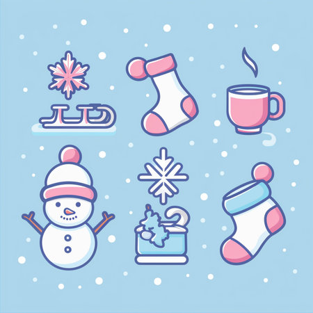 Christmas icons set. Vector illustration in thin line style on blue background.のイラスト素材