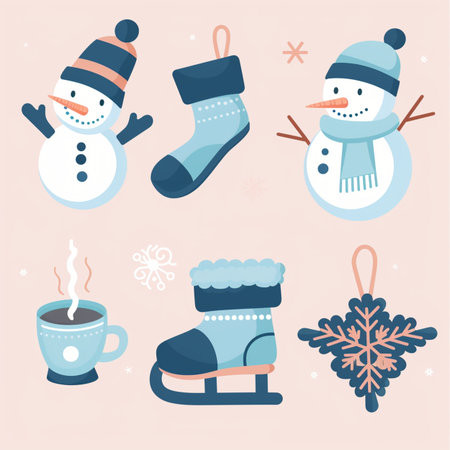 Cute winter snowman set. Vector illustration in flat style.のイラスト素材