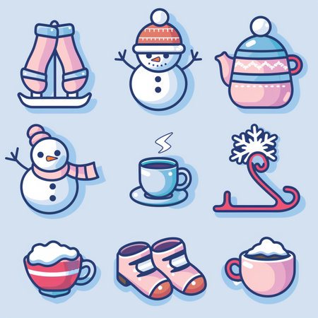 Winter icons set with snowman, scarf, hat, mittens and other elementsのイラスト素材
