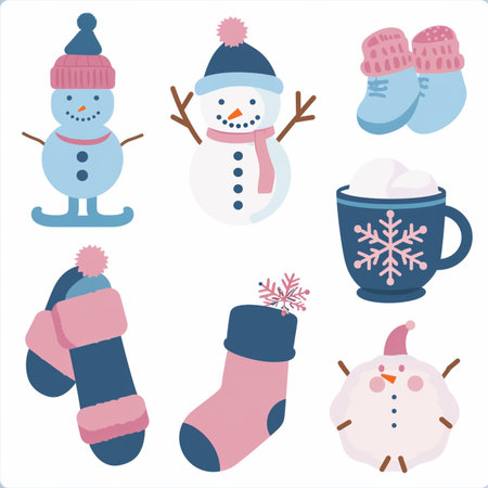 Set of cute snowman icons. Vector illustration in flat style.のイラスト素材