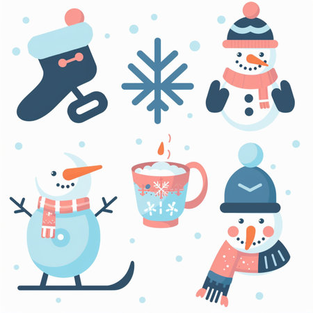 Cute vector set with snowman, cup of hot chocolate, scarf and hat.のイラスト素材