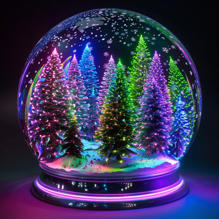 Snow globe with Christmas trees and snowflakes. 3D renderingの素材