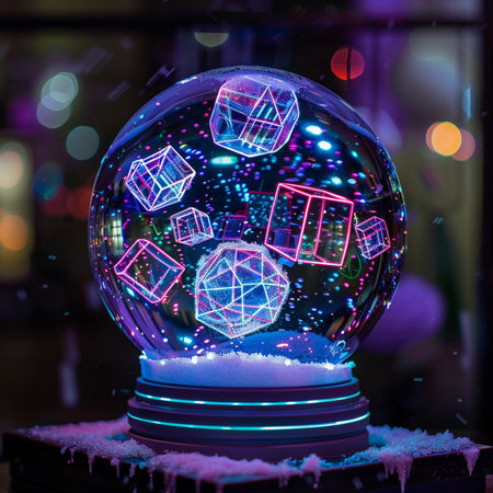 Snow globe with colorful glowing cubes. Christmas and New Year concept.の素材