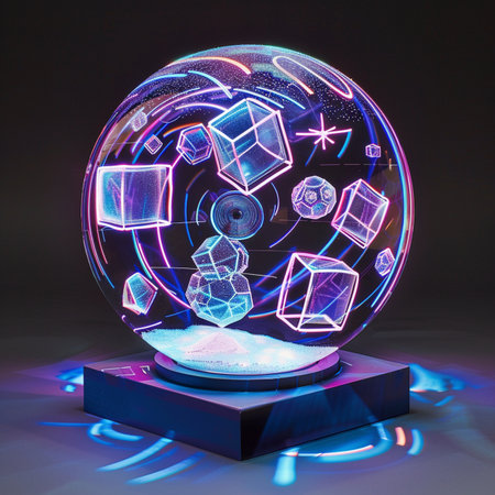 Glowing crystal ball with geometric figures. 3d render illustration.の素材