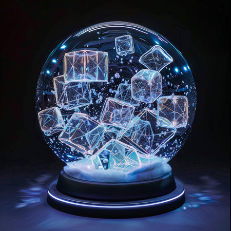 3d illustration of crystal snow globe with glowing cubes on black backgroundの素材