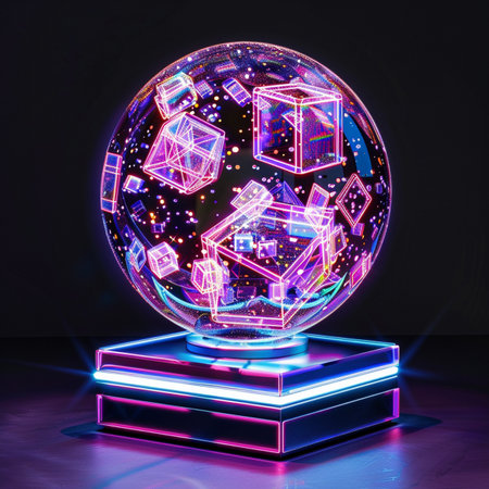 Glowing crystal ball with geometric figures on dark background. 3D Renderingの素材