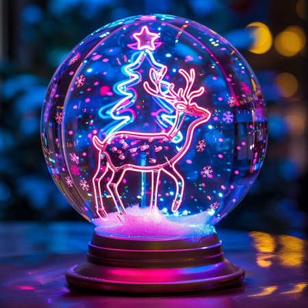 Christmas snow globe with deers, lights and bokeh.の素材
