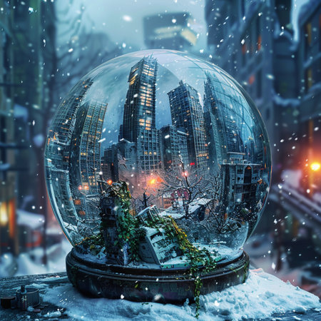 Snow globe with New York city skyline at night. 3D renderingの素材