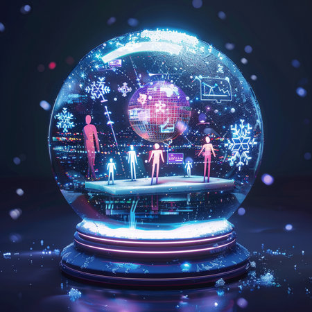 Snow globe with people and graphs on dark background. 3D renderingの素材