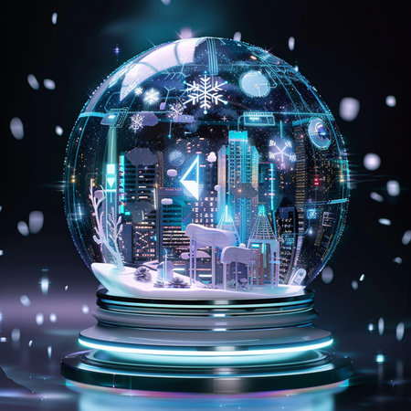 Snow globe with modern city and snowflakes. 3D renderingの素材