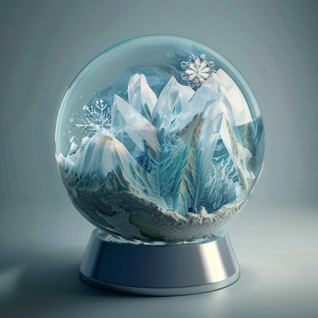 Snow globe with snowflakes and mountains in it. 3d renderの素材
