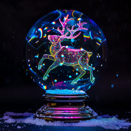 Snow globe with christmas reindeer on black background, 3d illustrationの素材