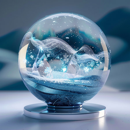 Crystal ball with snow and snowflakes. 3D rendering.の素材