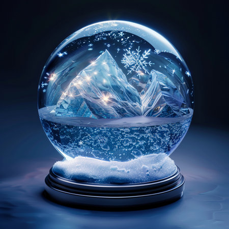 Snow globe with mountains and snowflakes. 3D rendering.の素材