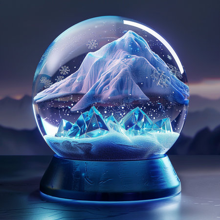 Snow globe with mountains and snowflakes. 3d rendering.の素材