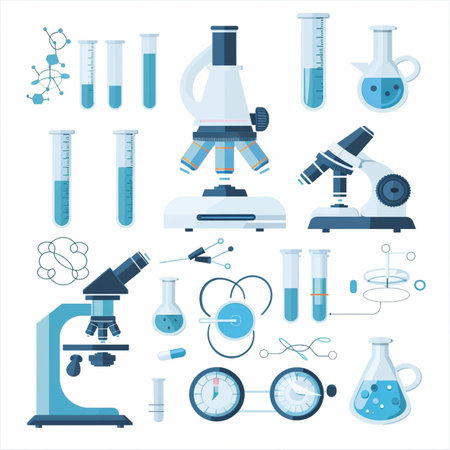 Science laboratory equipment. Microscope, test tube, microscope, test tube, microscope, test tube. Vector illustrationのイラスト素材
