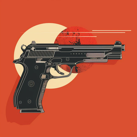 Handgun on the background of the sun. Vector illustration in retro style.のイラスト素材