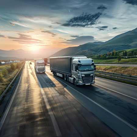 Trucks on the highway at sunset. Transportation and logistics concept.の素材