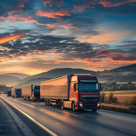 Truck on the road at sunset. Transportation and logistics background.の素材