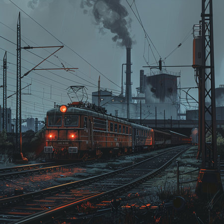Abandoned railway station at night with a freight train in the foregroundの素材