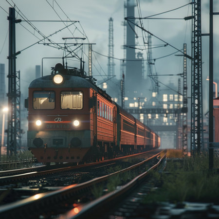 The train goes on rails against the backdrop of the evening city.の素材