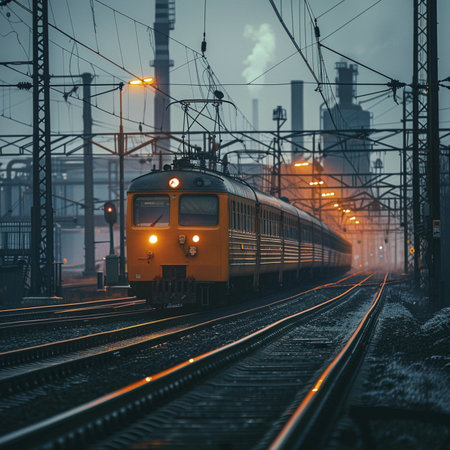 Train on the railroad at night. Railway station in the fog.の素材