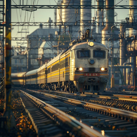 High-speed train on the railroad tracks in the early morning.の素材