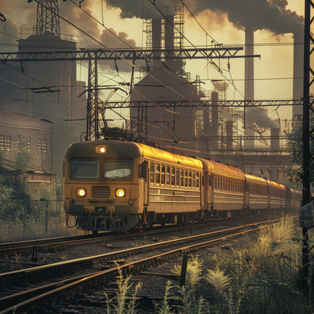 Train on the background of the industrial landscape. Retro style tonedの素材
