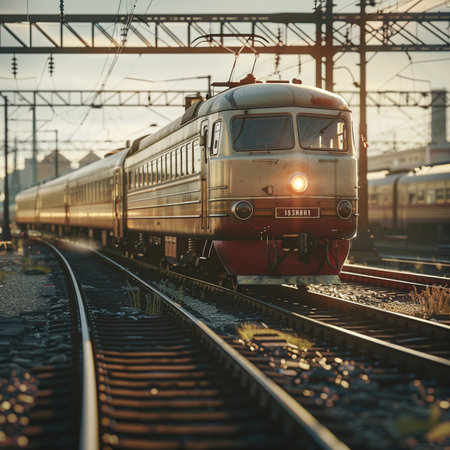 Train on railroad tracks at sunset, retro toned image. Railway travel conceptの素材