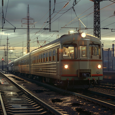 Passenger train on the railway station at sunset. Railway transport.の素材