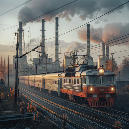 Freight train on the background of power plant. Industrial landscape.の素材