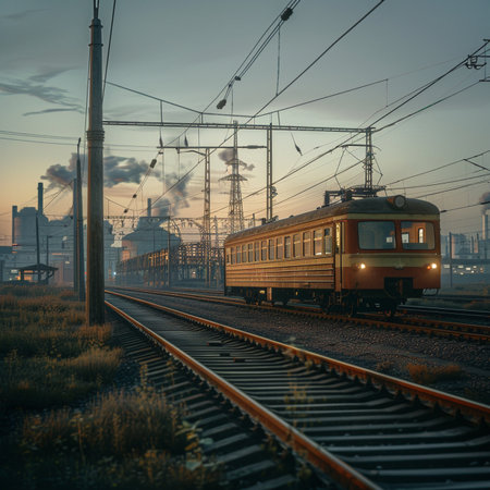 Train on the railroad at sunset. Railway station in the evening.の素材
