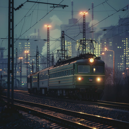 Passenger train on the background of the night city. Freight transportation.の素材
