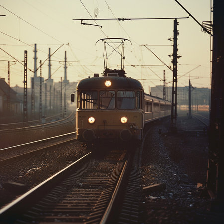 Train at the railway station in the rays of the setting sun.の素材