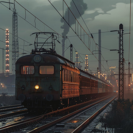 Train on the railroad at night. Railway station. 3d renderingの素材