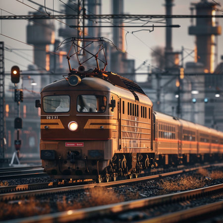 The train moves along the rails of the railway station at sunset.の素材