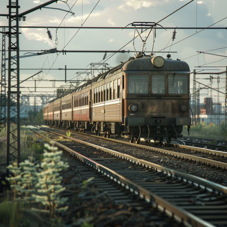 Train on the railway. Railway station in the evening. Railway transportの素材