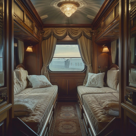 Interior of a classic train carriage with a view of the cityの素材