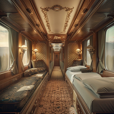 Interior of a vintage luxury train car. 3D rendering.の素材