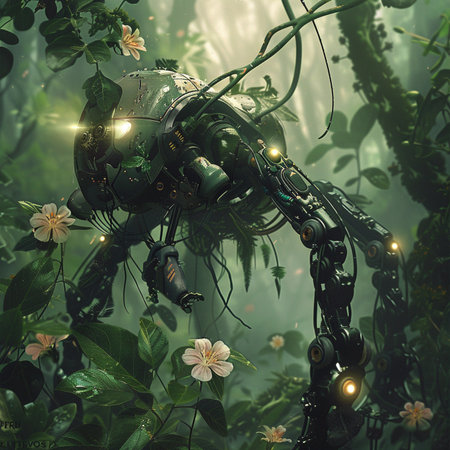 3d rendering of a robot in a dark forest with flowers and lightsの素材