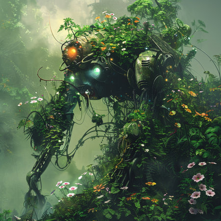 3d rendering of a fantasy alien in the jungle with flowers.の素材