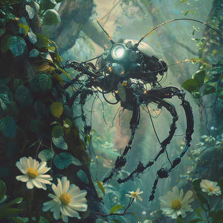 Cyborgs in the jungle. Fantasy world. 3d renderingの素材