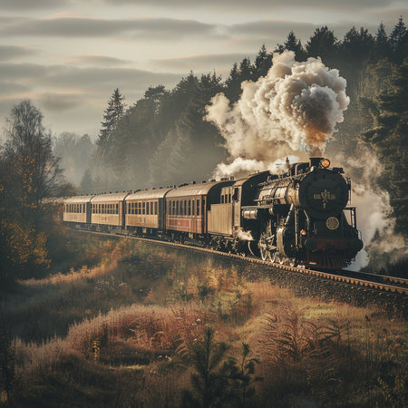 Steam locomotive on the railway in the autumn forest. Retro styles.の素材