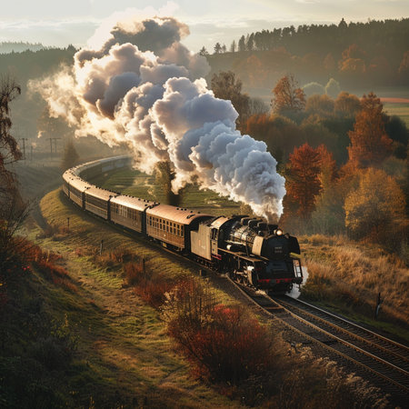 Vintage steam locomotive in the autumn countryside. Retro styles.の素材