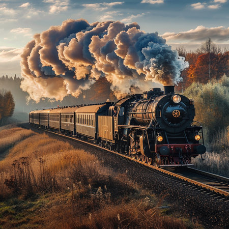 Vintage steam train in the misty autumn morning. Retro styles.の素材