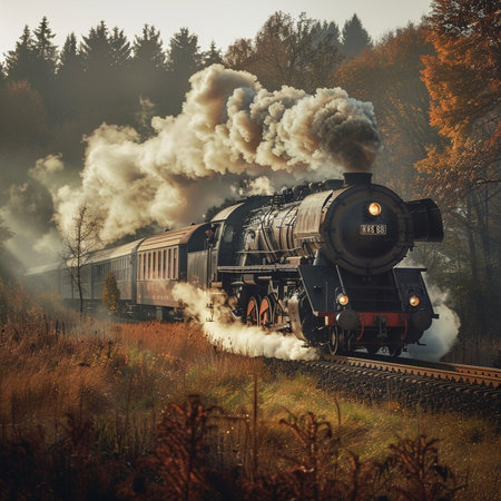 Steam locomotive in foggy autumn forest. Retro style toned imageの素材