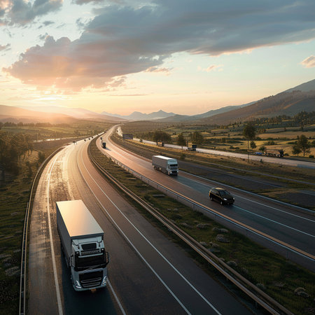 Aerial view of trucks on highway at sunset. 3d renderingの素材