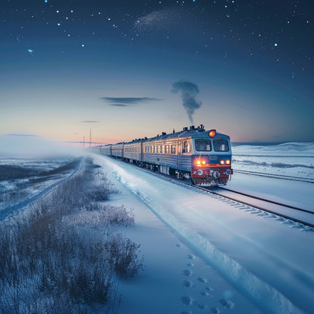 Train on the winter railway at night in the starry sky.の素材